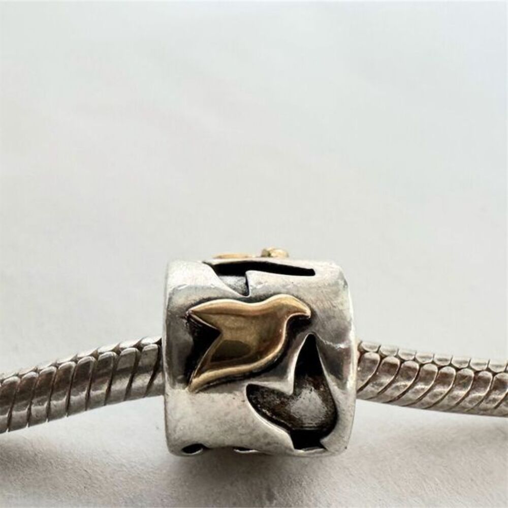 Retired Pandora Love Birds Charm Sterling Silver & 14K Gold Engraved Bead